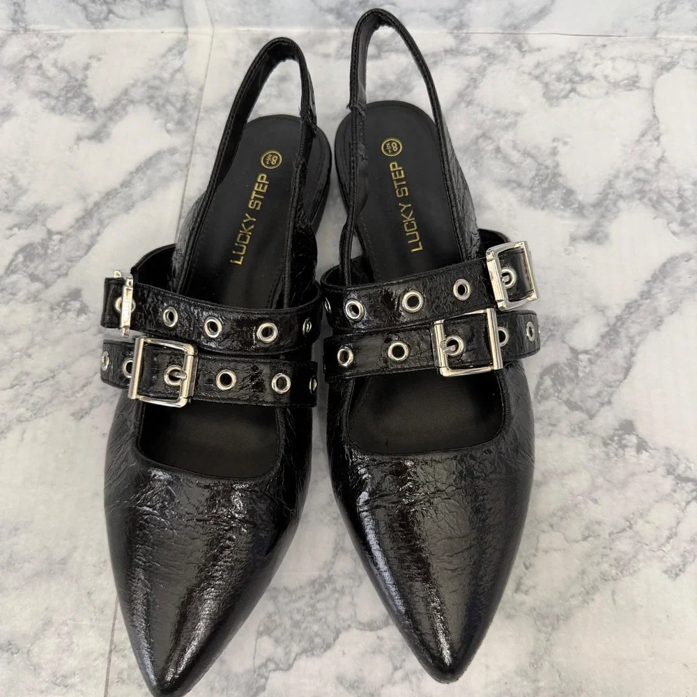 Lucky Step Slingback Flats 8.5 Black Grommet Buckle Pointed Toe Patent Edgy Punk